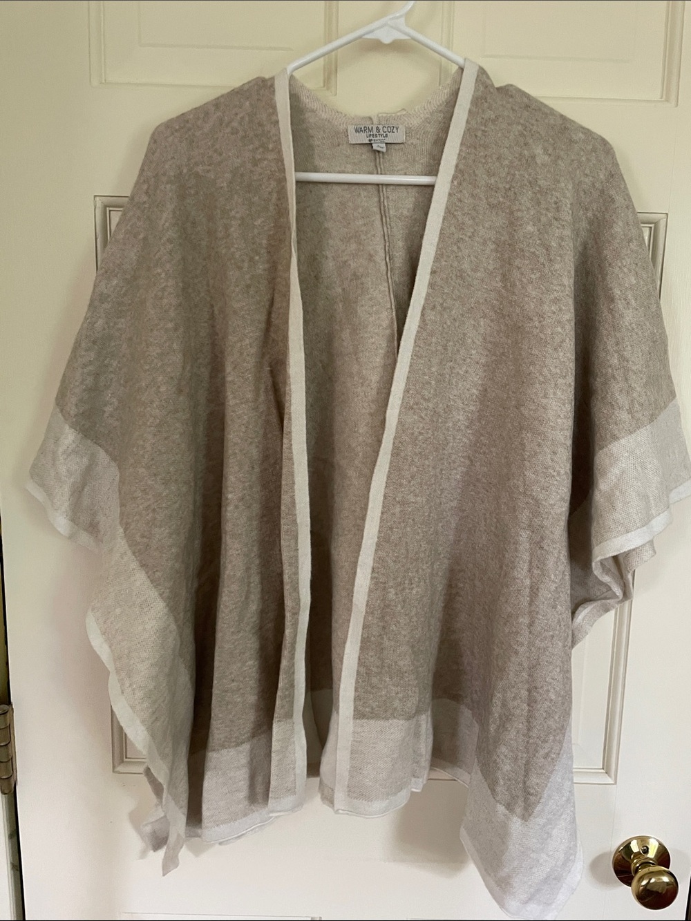 Warm & Cozy Taupe and Cream Open Front Poncho - Warm & Cozy